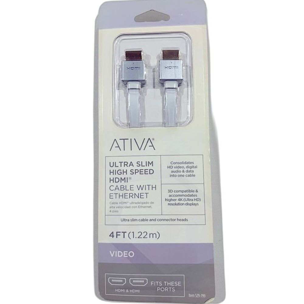 ATIVA Ultra Slim High Speed HDMI Cable with Ethernet 4 FT., Video-NIB
